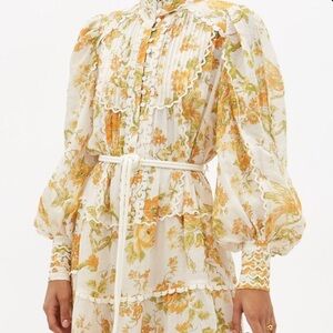 Beulah Amalfi Coast Maxi Dress Women L Floral Sheer Tiered Long Sleeve Button